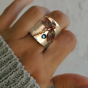 Silver Dragonfly Ring with Blue Gem